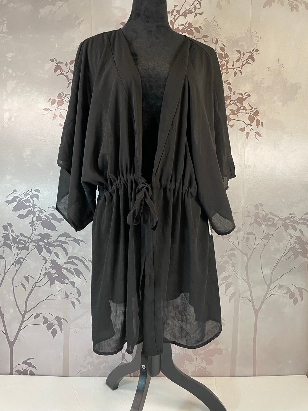 SHEIN Black Sheer Kimono Swimwear Cover Up Tie Waist Cardigan Beach ONE SIZE